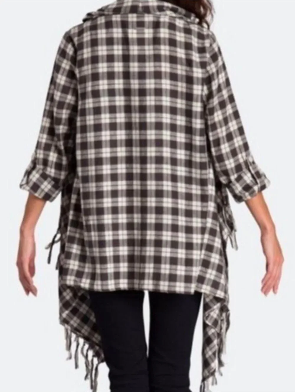 Billabong Navy Plaid Liv It Up Cardigan Flyaway Fringe Front Top - Picture 2 of 16